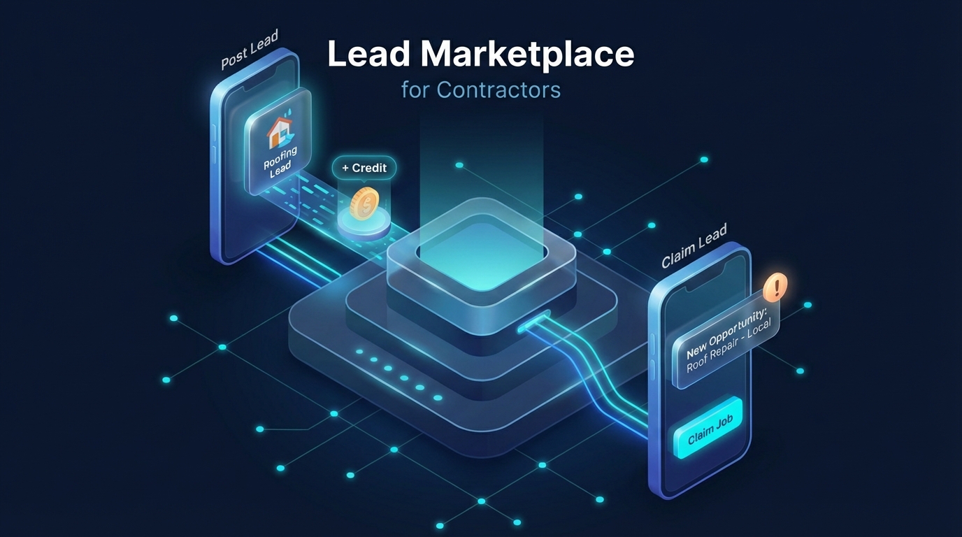 Isometric 3D tech illustration of a Lead Marketplace for contractors. A split view on a dark navy blue background. On the left, a 3D icon of a contractor mobile app sending a Roofing Lead into a glowing digital portal, receiving Credit tokens in return. On the right, another contractor's phone screen catching that lead with a Work Available notification. Vibrant cyan and electric blue glow effects. High-gloss finish, glassmorphism UI elements, clean lines, professional business aesthetic. Soft network connections in the background.
